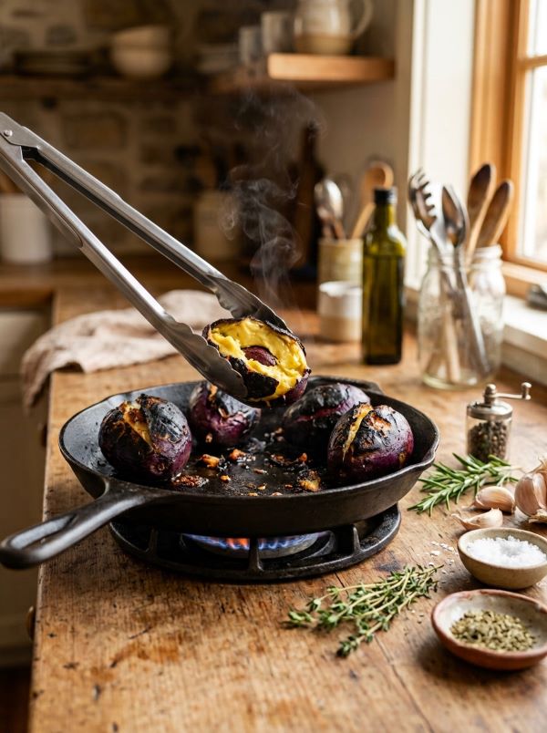 Perfectly roasted Safou being turned in a hot skillet with fresh herbs and seasonings for even cooking.