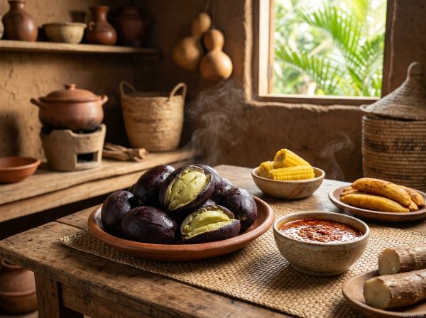 Traditional boiled Safou (African Butter Pear) served with warm palm oil sauce, fried plantains, boiled corn, and cassava on a rustic wooden table.