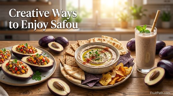 Stuffed Safou (African Butter Pear), creamy Safou dip with flatbread, and a rich Safou smoothie served as creative recipe ideas.