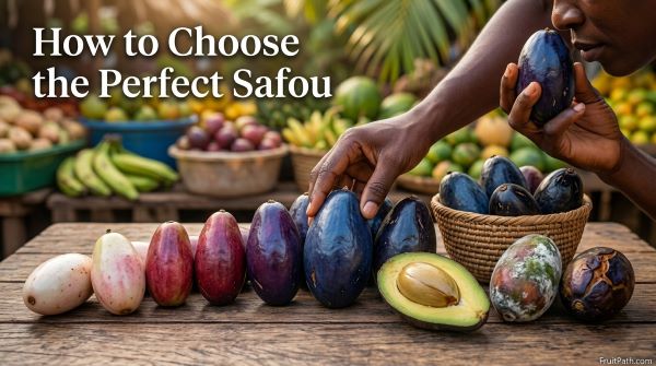 Fresh ripe Safou (African Butter Pear) showing the correct color, skin quality, firmness, and appearance to help choose the best fruit.