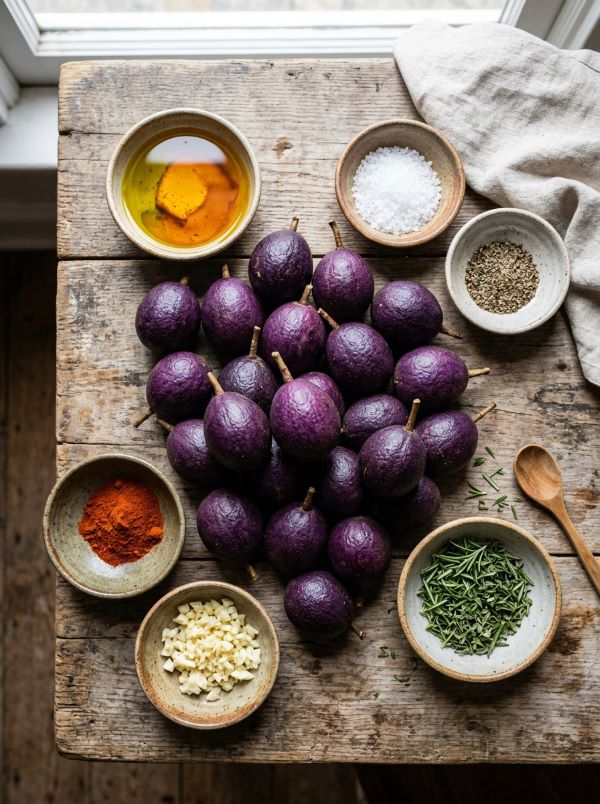 Ingredients for roasted Safou including ripe Safou fruits, olive oil, herbs, garlic, salt, black pepper, and smoked paprika.