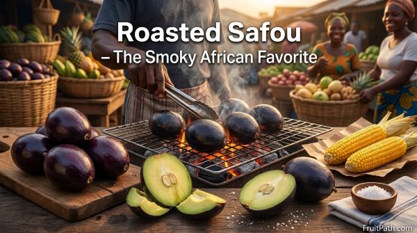 Traditional roasted Safou (African Butter Pear) cooked over hot charcoal and served with roasted corn at a Lagos street food stall.