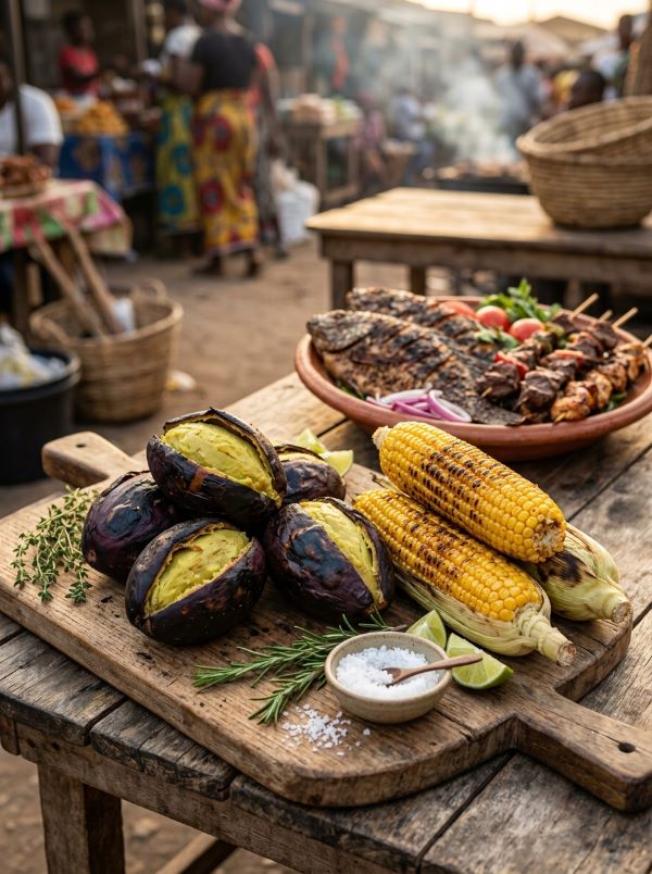 Roasted Safou served with roasted corn, grilled fish, and grilled meat in a traditional Lagos-style meal.
