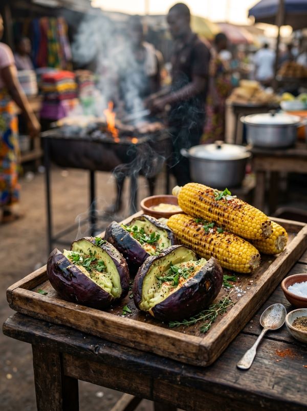 Roasted Safou with fresh herbs and spices served alongside roasted corn in a Lagos-style street food presentation.