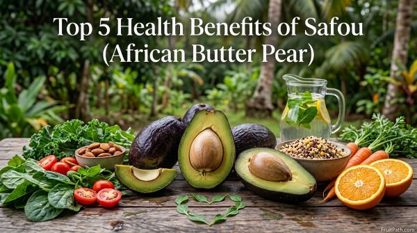 Safou (African Butter Pear) with fresh healthy foods highlighting its benefits for heart health, digestion, immunity, blood pressure, and healthy skin.