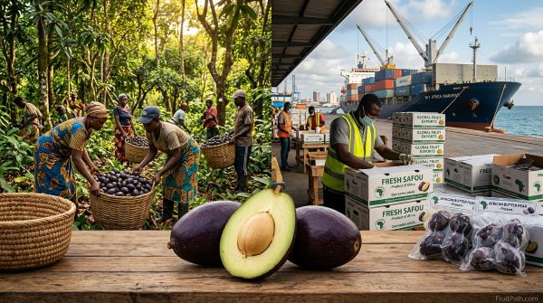 Local farmers harvesting Safou (African Butter Pear) as the fruit moves from African markets to international export through modern cold-chain distribution.
