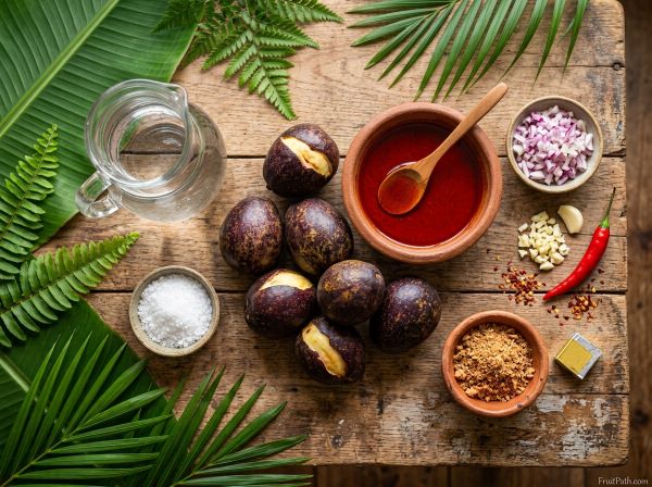 Fresh ingredients for boiled Safou recipe including ripe African Butter Pear, palm oil, onion, garlic, chili, salt, water, and ground crayfish.