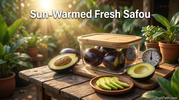 Fresh ripe Safou (African Butter Pear) gently warming in a sealed glass container under natural sunlight before eating.