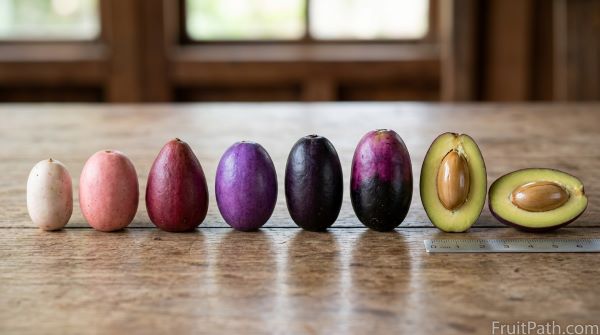 Botanical comparison of Safou (African Butter Pear) showing different fruit shapes, ripening colors, creamy flesh, and its large central seed.