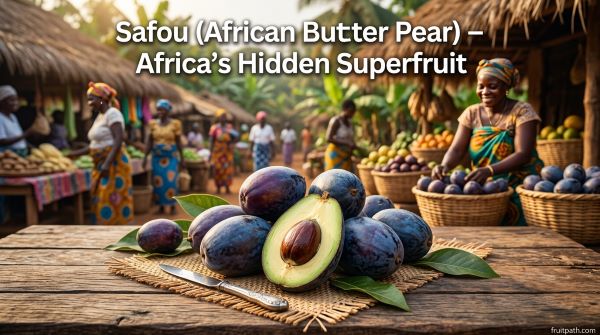 Fresh Safou (African Butter Pear) fruit displayed in a traditional African market, introducing Africa's hidden superfruit.