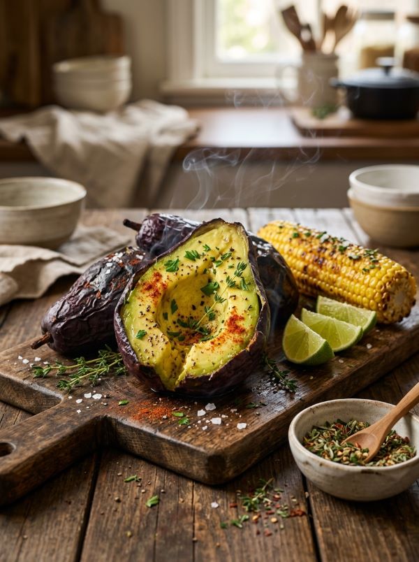 Roasted Safou with smoky charred skin, fresh herbs, and grilled corn served on a rustic wooden board.
