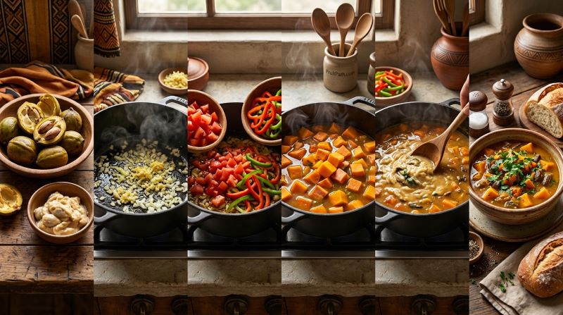 Six-stage cooking process for Safou and Vegetable Stew, showing boiled Safou being prepared, vegetables sautéed, stew simmered, Safou added and blended, and the finished stew garnished with fresh parsley.