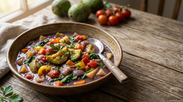 : Hearty one-pot Safou vegetable meal with colorful fresh vegetables