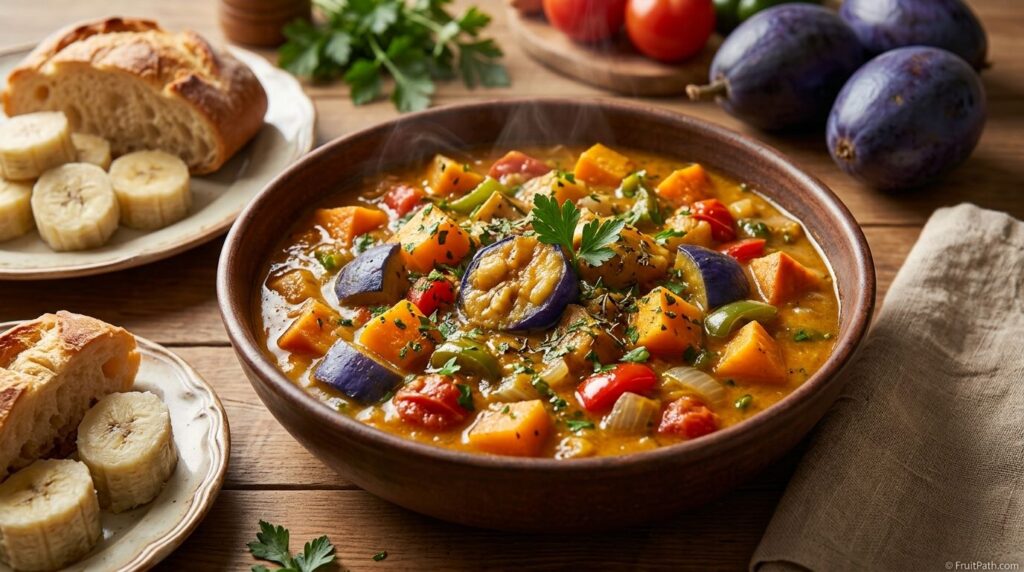 Hearty Safou and vegetable stew with sweet potato, squash, tomatoes, and peppers