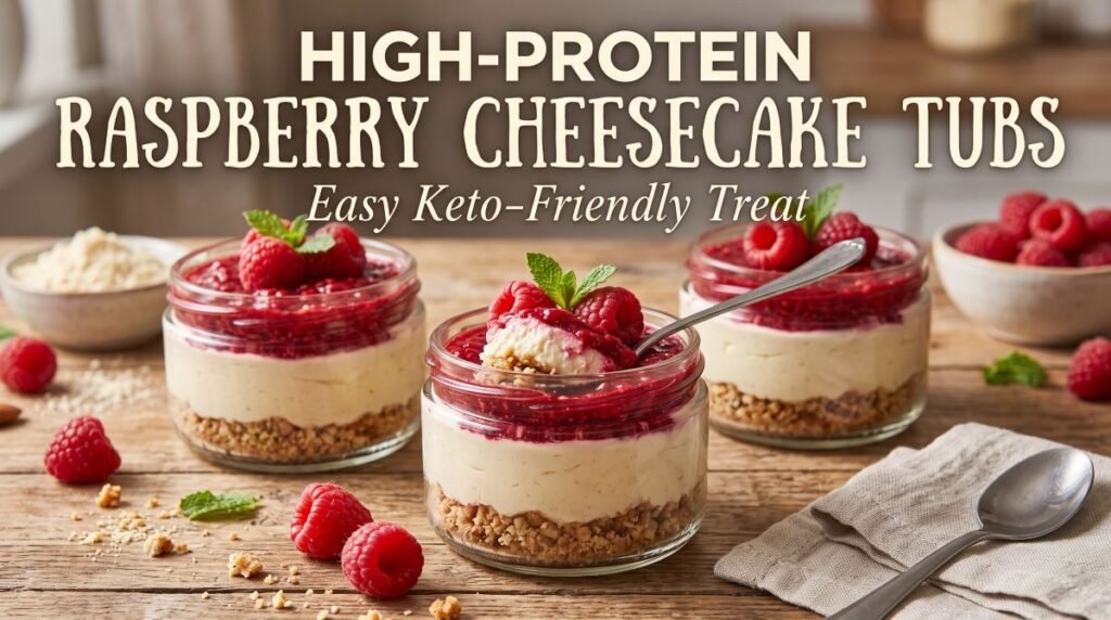 High-protein raspberry cheesecake tubs with creamy pink cheesecake layers, raspberry swirls, fresh raspberries, and a spoonful of keto-friendly dessert.