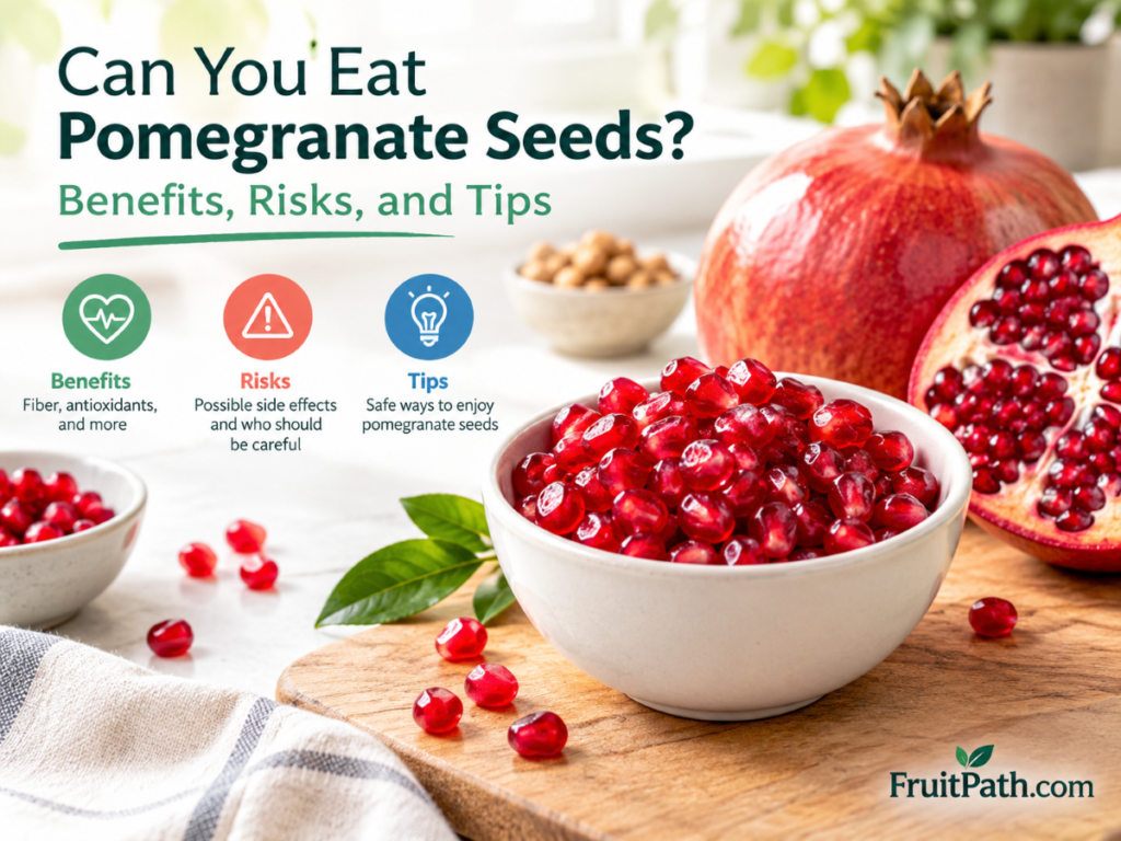 Can You Eat Pomegranate Seeds? Benefits, risks, and tips featuring fresh pomegranate seeds in a bowl beside a ripe, cut pomegranate.