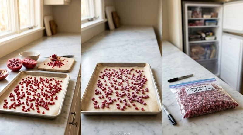 Pomegranate seeds spread in a single layer on a baking tray beside a freezer-safe bag of frozen arils. FruitPath.com.