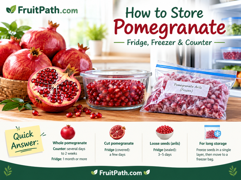 hole pomegranates, a cut pomegranate, fresh seeds in an airtight container, and frozen pomegranate seeds showing how to store pomegranates on the counter, in the fridge, and in the freezer. FruitPath.com storage guide.