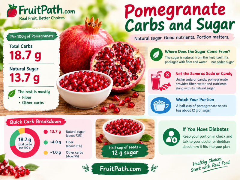 Pomegranate carbs and sugar infographic showing total carbohydrates, natural sugar content, and portion-size guidance for fresh pomegranate seeds.