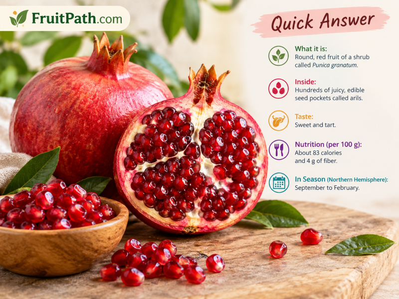 Pomegranate fruit cut open to reveal ruby-red arils beside a whole pomegranate, with nutrition facts and seasonal information on a FruitPath.com infographic.
