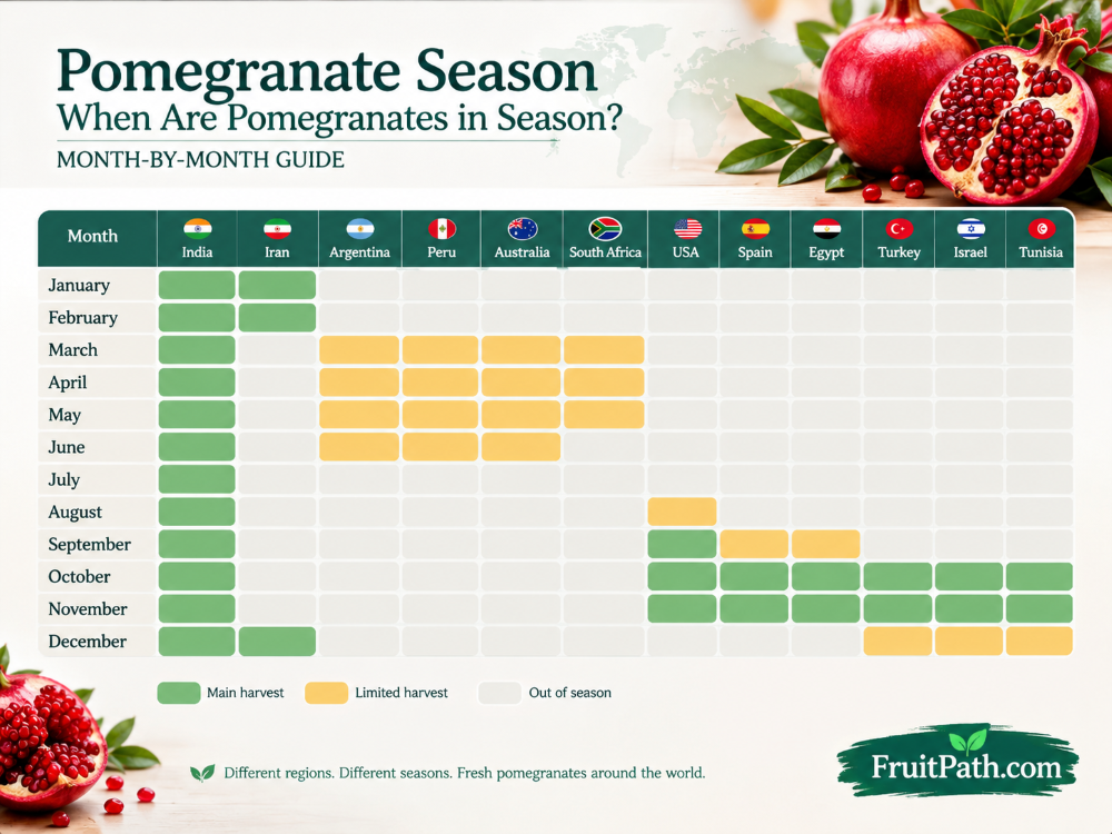Pomegranate Season: When Are Pomegranates in Season? (Month-by-Month Guide) infographic calender showing countries names with the monhts chart