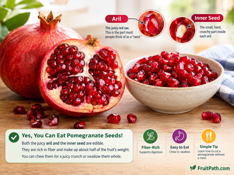 A cut-open pomegranate and a bowl of red arils illustrating the difference between the juicy aril and the crunchy inner seed, with FruitPath.com branding.