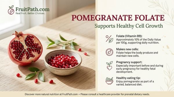 Pomegranate folate infographic highlighting vitamin B9's role in new cell formation and healthy pregnancy.