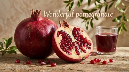 Wonderful pomegranate with deep purple-red skin and juicy crimson arils beside a glass of fresh pomegranate juice.