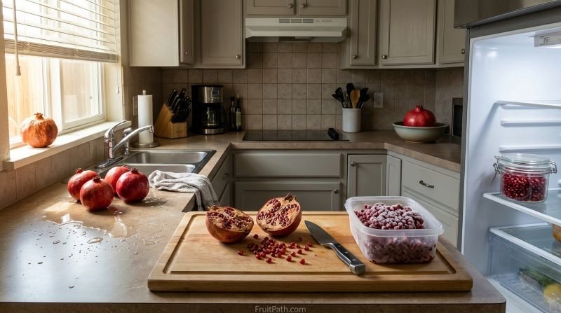 Pomegranate storage mistakes including fruit in direct sunlight, wet skins, uncovered cut fruit, and clumped frozen seeds. FruitPath.com.