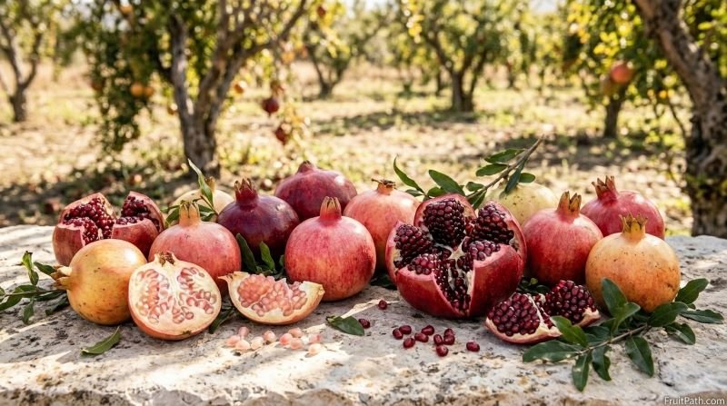 Different pomegranate cultivars arranged together, showing variations in skin color, fruit size, and ruby-red or pink arils.