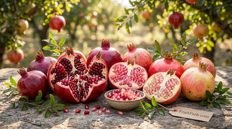 Different pomegranate varieties showing deep-red, pink, and pale skins with colorful edible arils.
