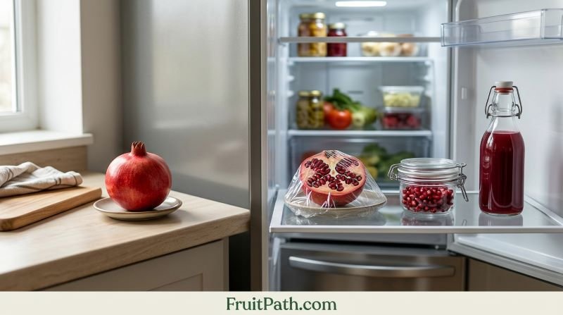 Whole pomegranate on a shaded counter, covered pomegranate half, airtight container of seeds, and sealed juice bottle in a refrigerator.