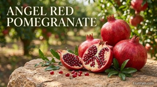 Angel Red pomegranate with vivid red skin and juicy red arils displayed beside a freshly cut fruit.