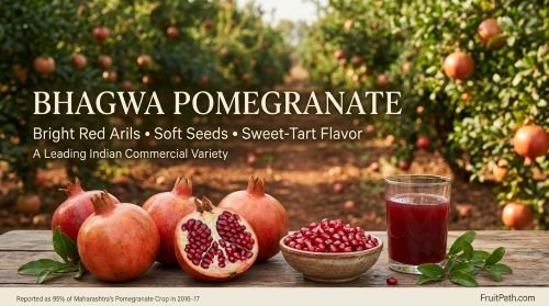 Bhagwa pomegranate from India with bright red arils, soft seeds, and ripe fruit in a Maharashtra orchard.
