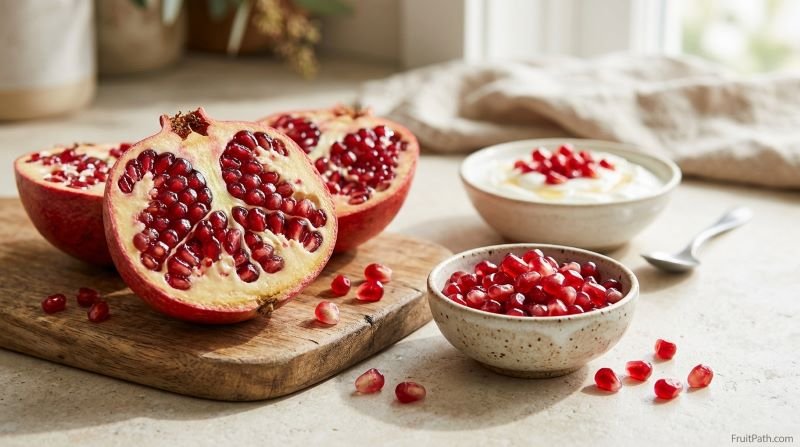 Fresh pomegranate cut open to reveal edible red arils and inner seeds beside a bowl of pomegranate seeds and yogurt.
