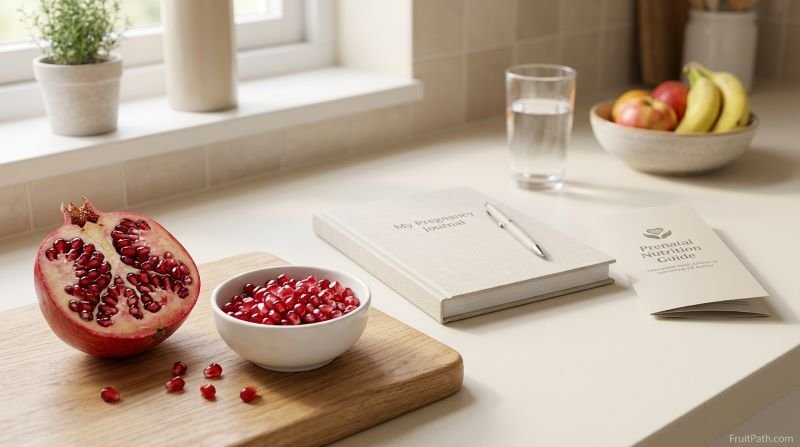 Fresh pomegranate seeds in a bowl beside a cut pomegranate, illustrating questions about eating pomegranate during pregnancy.