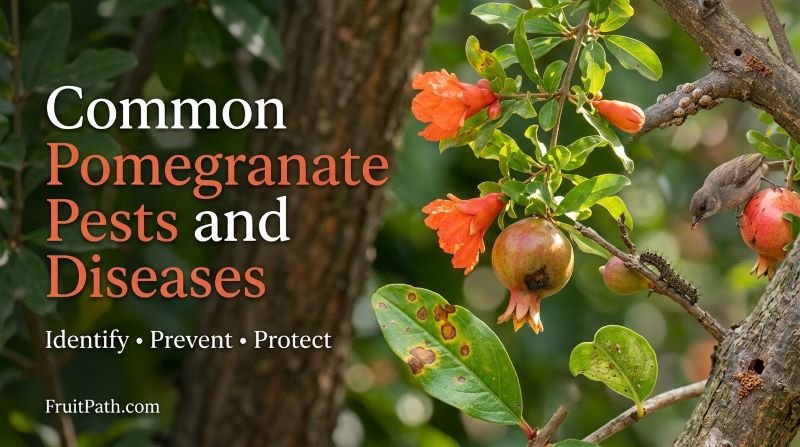Common Pomegranate Pests and Diseases showing damaged leaves, fruit rot, scale insects, and pests on a pomegranate tree.