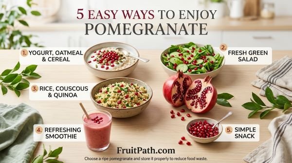 Five easy ways to eat pomegranate, including yogurt, oatmeal, green salad, grain bowls, smoothies, and fresh seeds.