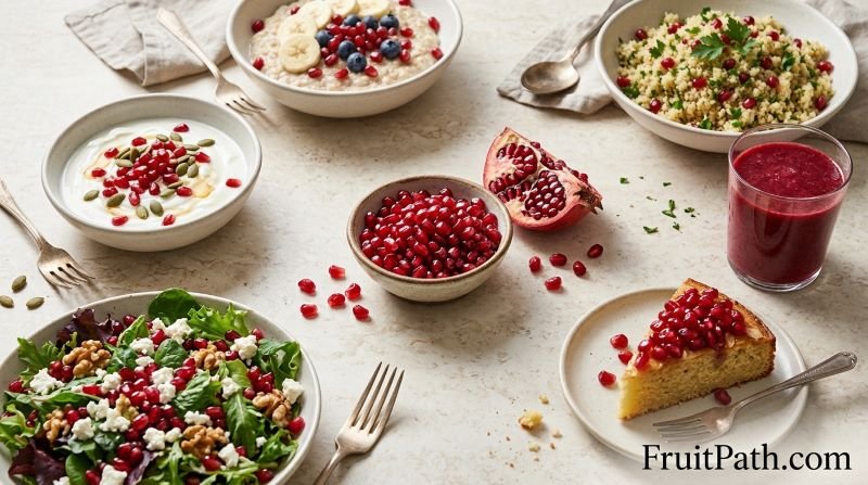 Fresh pomegranate seeds served with yogurt, oatmeal, salad, quinoa, a smoothie, and cake.