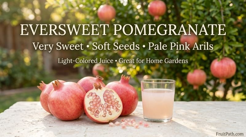 Eversweet pomegranate with red skin, pale translucent pink arils, and a glass of light-colored juice.