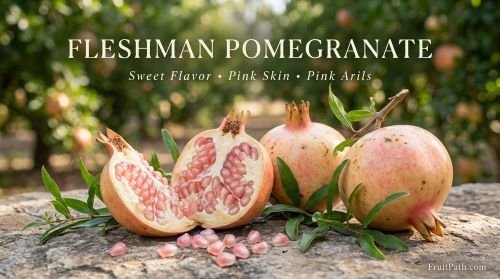 Fleshman pomegranate variety showing pink skin, pink juicy arils, and large, sweet fruit.
