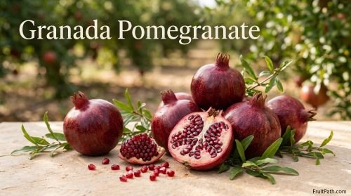 Granada pomegranates with dark-red skin and glossy ruby-red arils, including a freshly cut fruit.