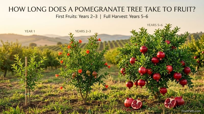 How Long Does a Pomegranate Tree Take to Fruit showing young, flowering, and mature fruit-bearing pomegranate trees.