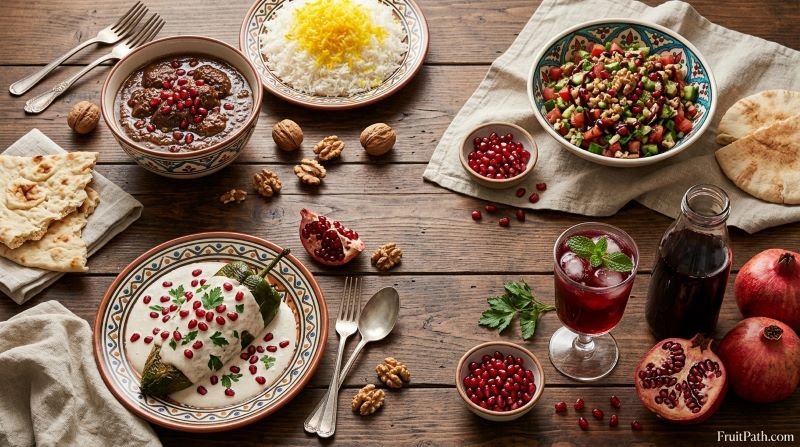 Pomegranate in Persian fesenjan stew, Turkish salad, Mexican chiles en nogada, and red pomegranate drinks.