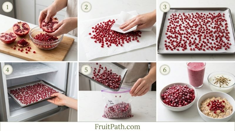 Pomegranate seeds dried on a paper towel, frozen in a single layer on a tray, and transferred to a freezer bag for long-term storage.