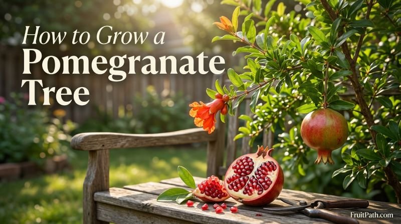 How to Grow a Pomegranate Tree with orange-red flowers, green leaves, and developing pomegranates in a sunny home garden.