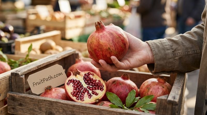 How to pick a ripe pomegranate by checking its red skin, firm texture, and heavy appearance.