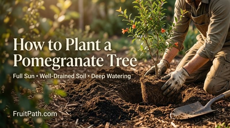 How to Plant a Pomegranate Tree in a sunny garden with a young tree, prepared soil, compost, and mulch.