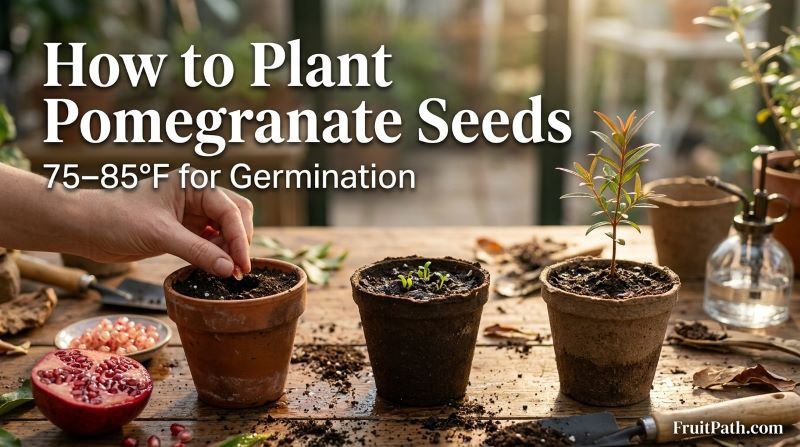 How to Plant Pomegranate Seeds in small pots with cleaned seeds, moist potting mix, and young green seedlings.