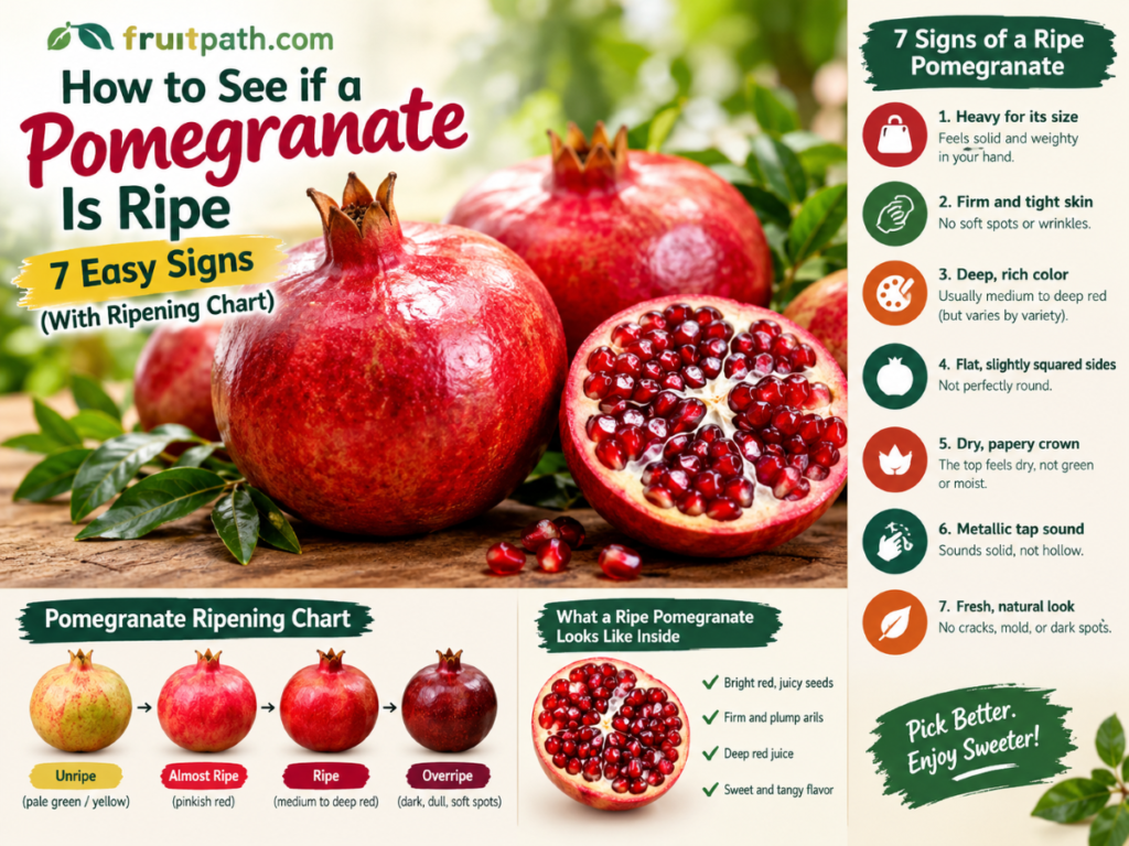 How to tell if a pomegranate is ripe, showing seven ripeness signs, ripe pomegranate seeds, and a pomegranate ripening chart.